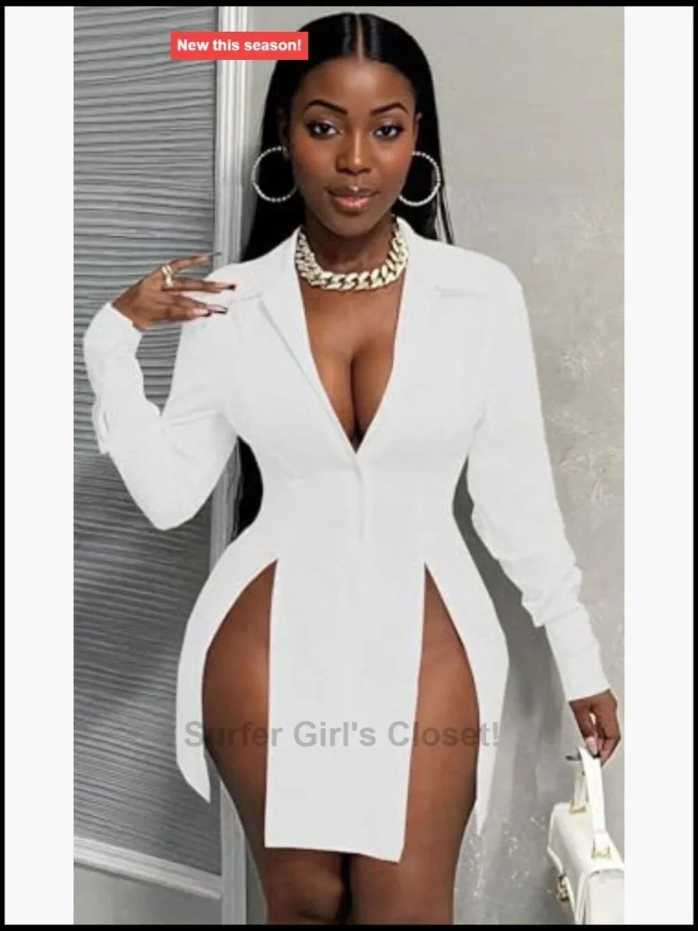 Women's Casual Button Down Shirt Dress Long Sleeve V Neck Side Slit Mini Dress